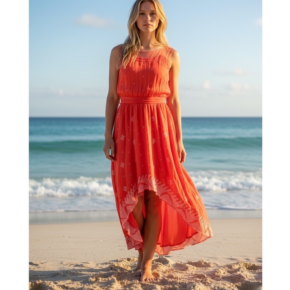 Floreat‎ Anthropologie Orange Embroidered High-Low Maxi Dress Mesh Yoke Women 6